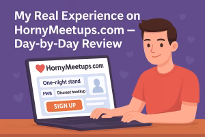 HornyMeetups.com day-by-day user review banner featuring casual dating and real hookup experience in 2025
