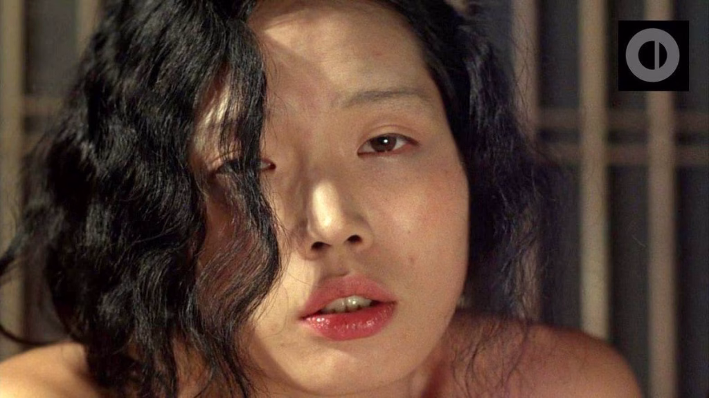 Sada Abe's face in In the Realm of the Senses, showing excitement and passion in a moment of emotional intensity.