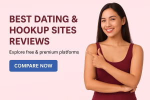 Smiling woman pointing at text promoting best dating and hookup site reviews