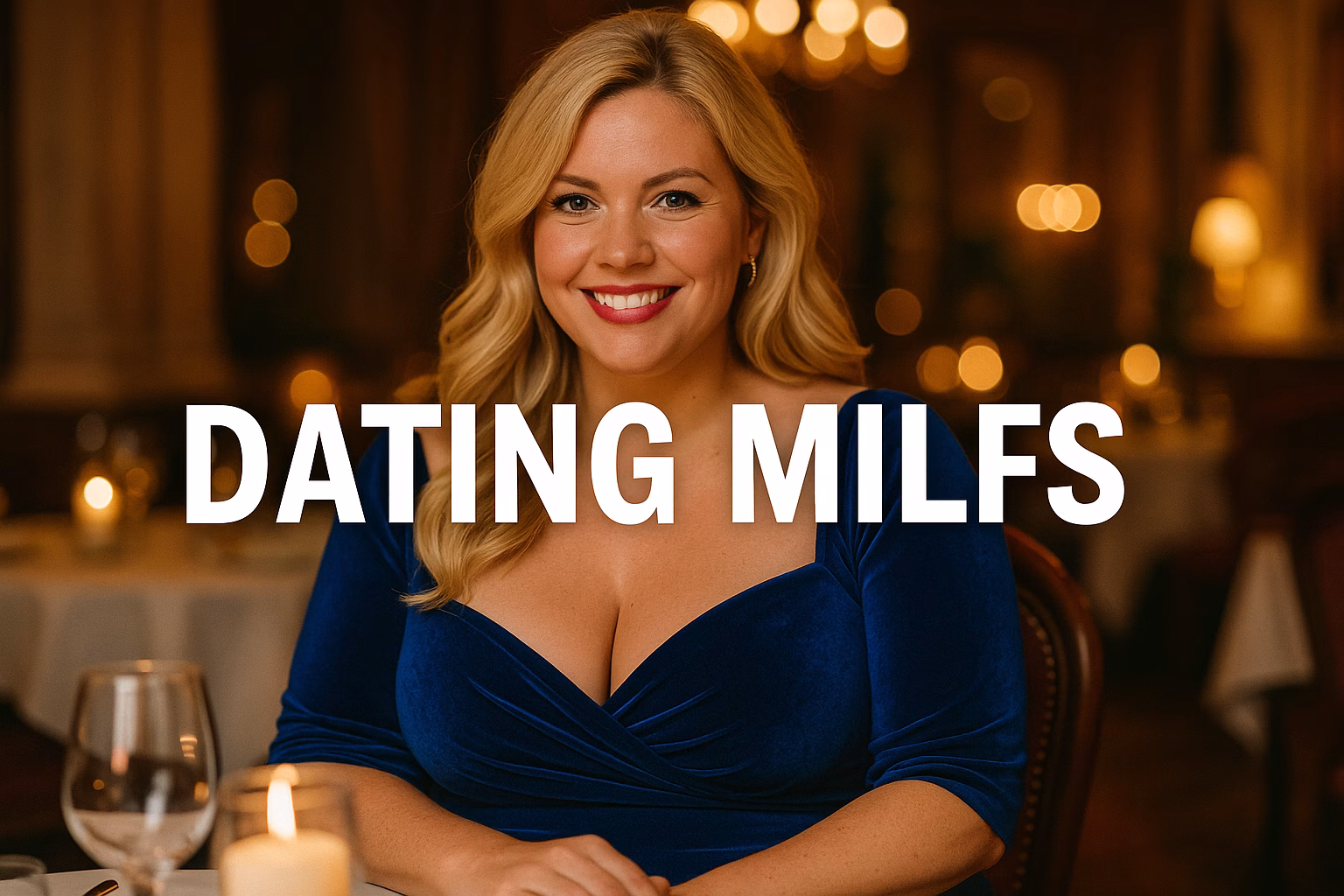 Blonde woman in a blue evening dress sitting at a fancy restaurant with elegant lighting and decor, smiling confidently.