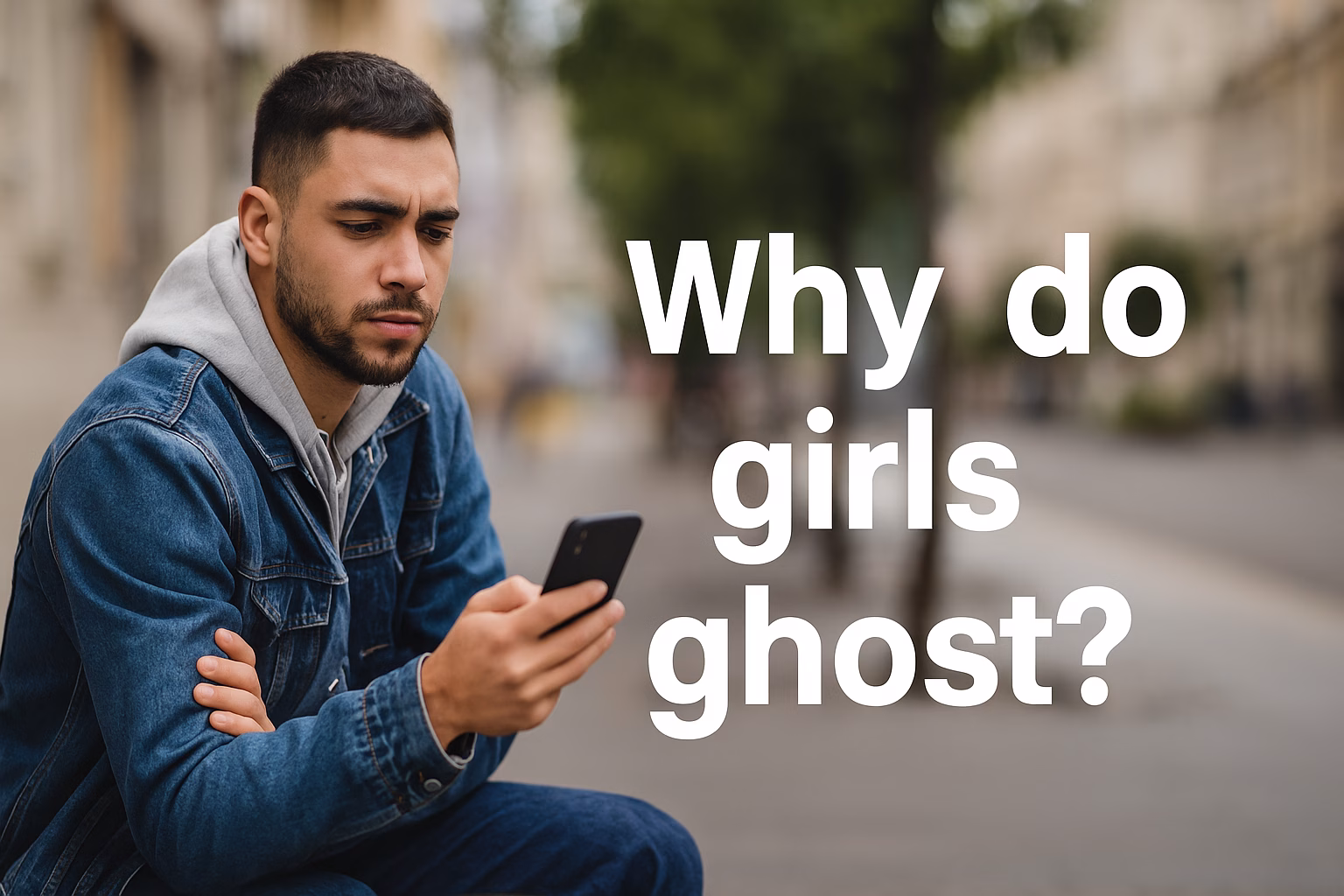 Confused man staring at phone after being ghosted in online dating
