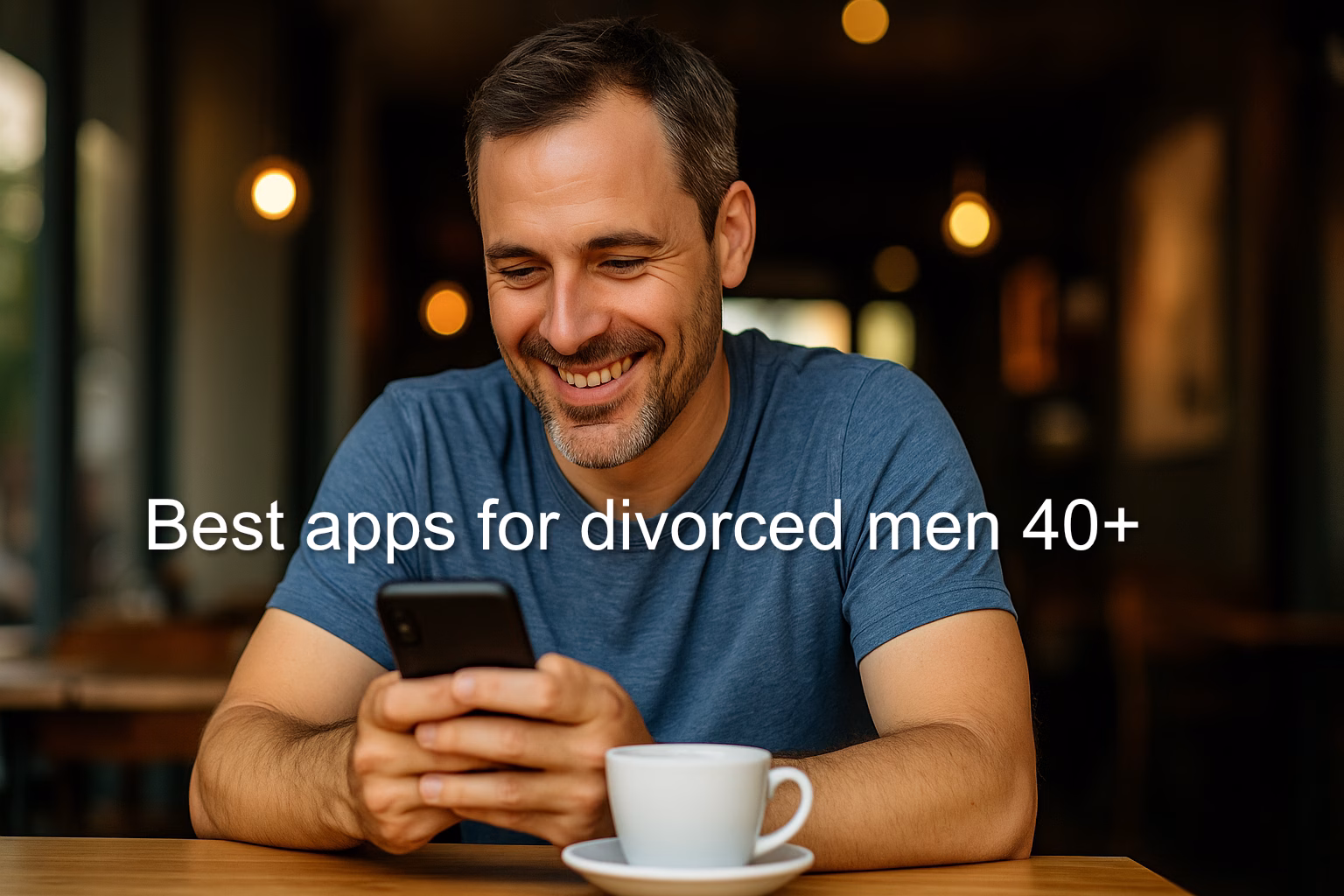 Smiling middle-aged man in a café looking at his phone — best apps for divorced men over 40