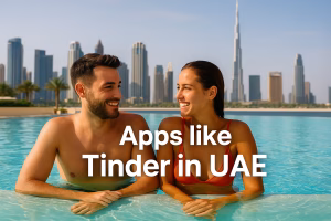 Smiling couple in a pool with Dubai skyline in the background promoting apps like Tinder that are safe to use in UAE.