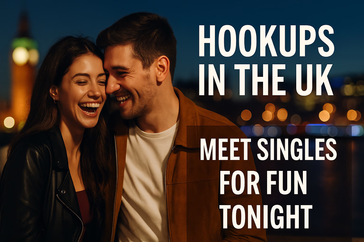 Young couple enjoying London nightlife, laughing together – UK hookups and dating scene illustration