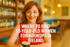 Confident 50-year-old Irish woman in a bright red dress smiling at a bar, with bold text “Where to Find 50-Year-Old Women for Hookups in Ireland”