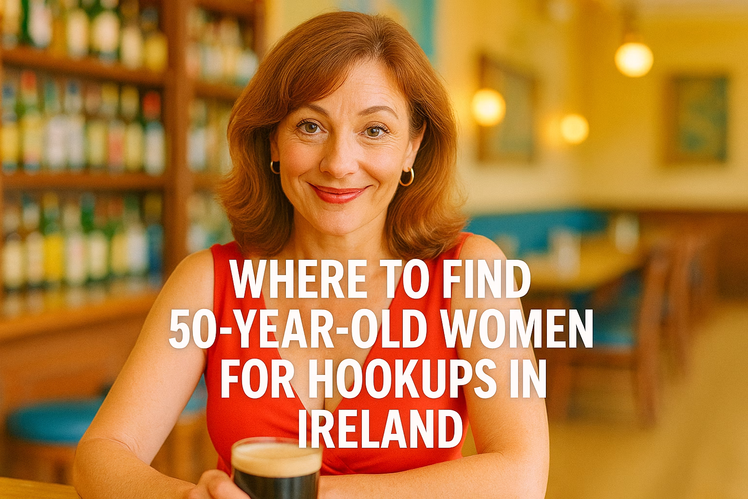 Confident 50-year-old Irish woman in a bright red dress smiling at a bar, with bold text “Where to Find 50-Year-Old Women for Hookups in Ireland”
